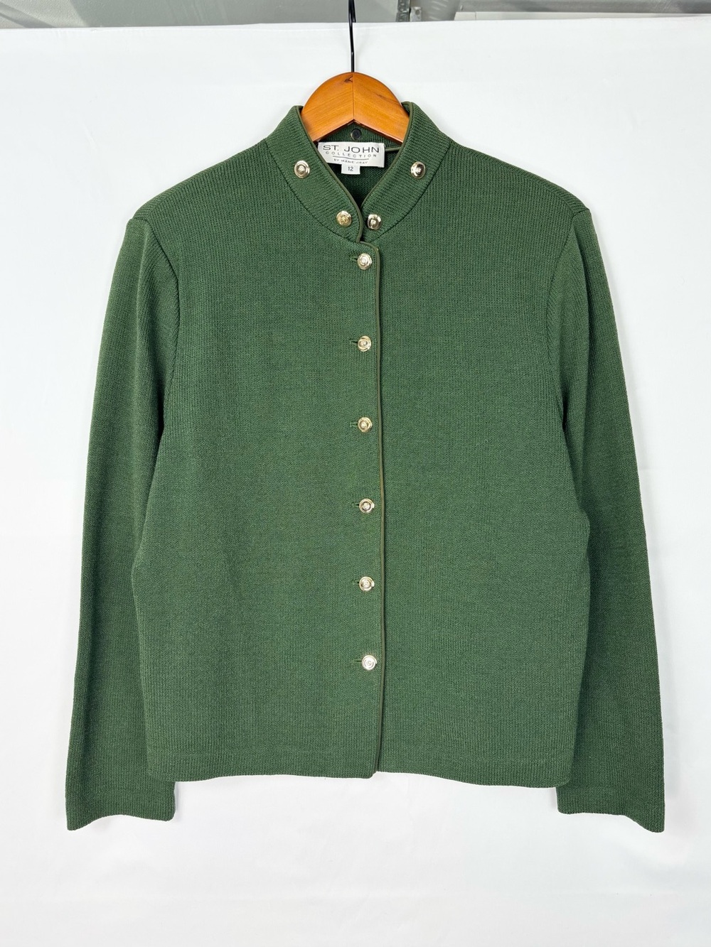 Vintage St John Collection Jacket Green Gold Military Santana Knit Size 12 Women